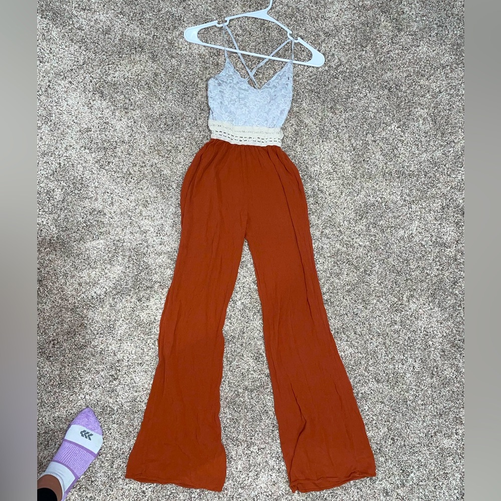 Burnt orange summer adjustable lace bodysuit. Pant suit with spaghetti straps